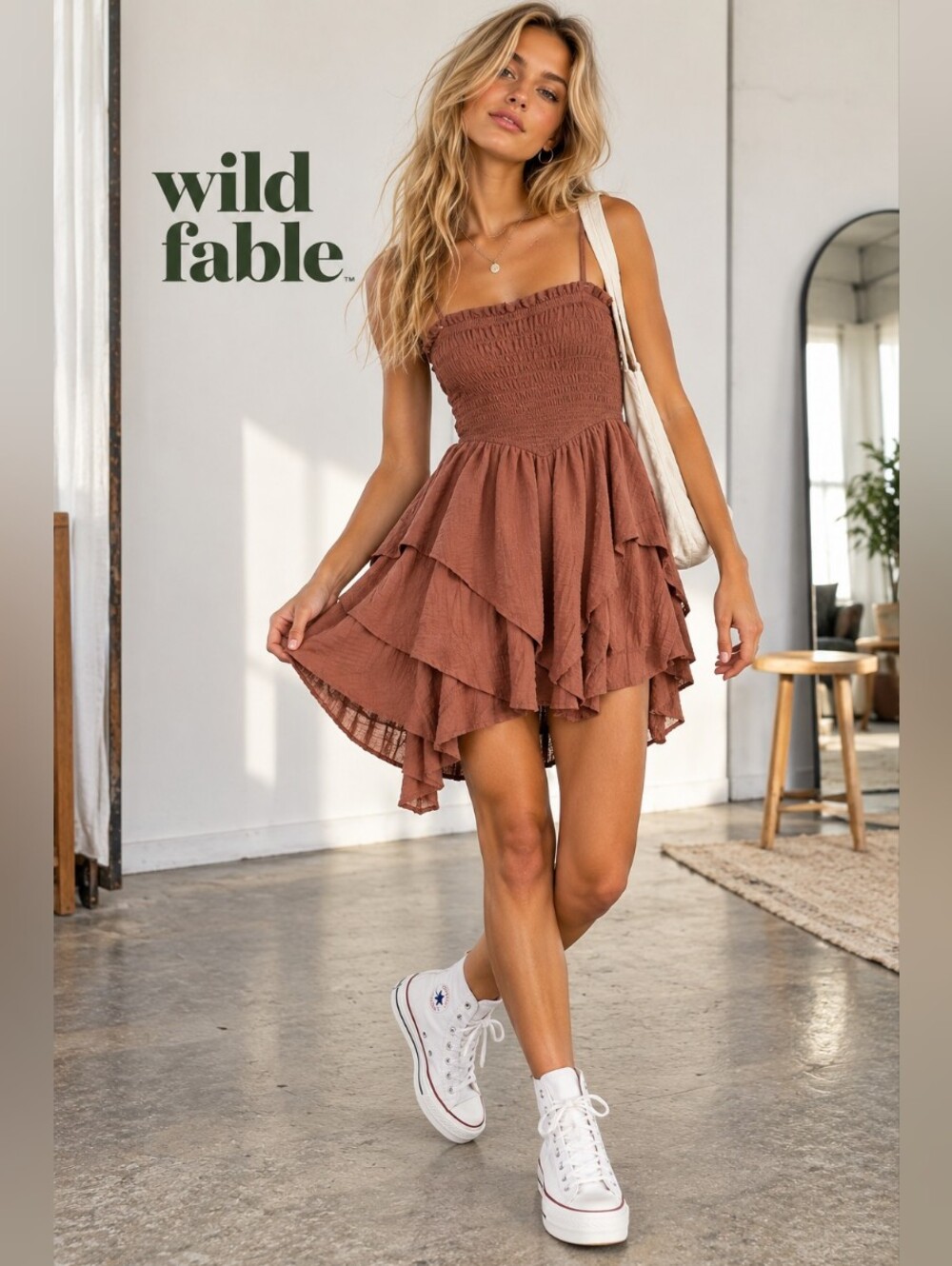 Wild Fable Brown Smocked Tiered Ruffle Mini Dress XS Boho